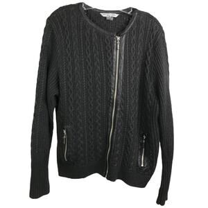Bianca Nygard Cardigan Sweater Womens XL Dark Gray Cable Knit Crew Neck Full Zip